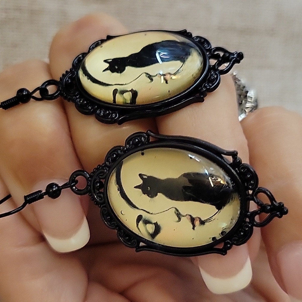 ART DECO BLACK CAT & MOON Cameo Earrings